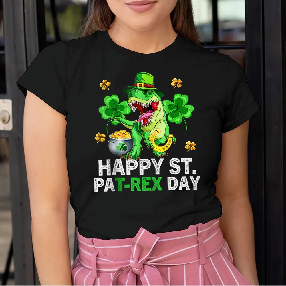 Happy St Pat T-Rex Saint Patrick's Day Dinosaur Shirt Men's Long Sleeved T-Shirt black s